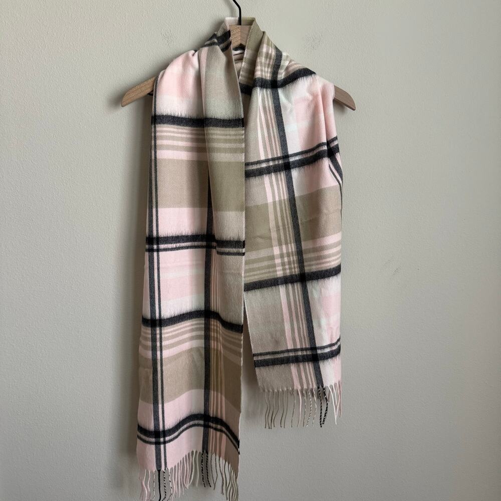 Womens 100% Cashmere Pink Plaid Checkered Scarf Made in Scotland Scarves Fringe